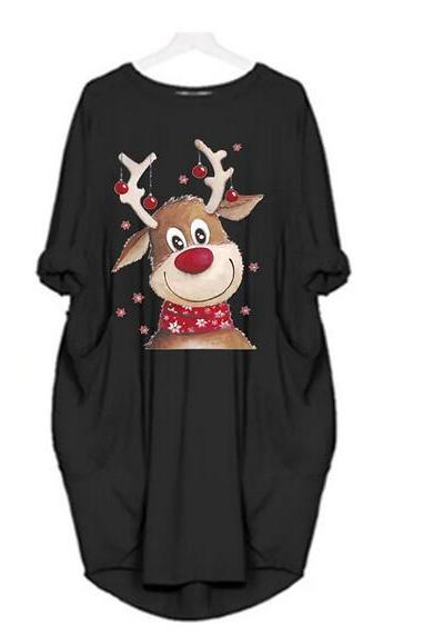 Women's Christmas Shift Dress Knee Length Dress Long Sleeve Animal Pocket Print Fall Winter Round Neck Casual dress