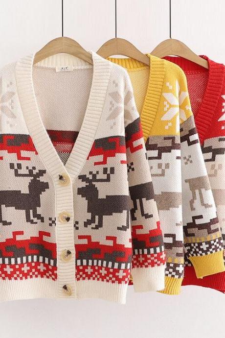 Women Christmas Knitted Sweaters Cartoon Reindeer Embroidery Knit Cardigan Single-breasted V-Neck Loose Sweater