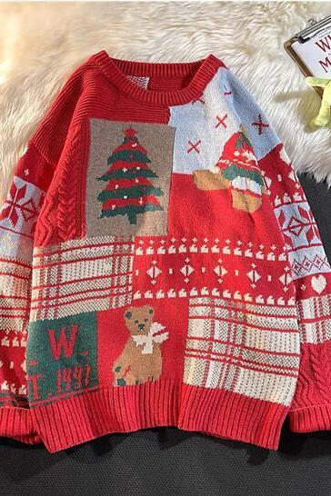 Women's Christmas Sweater Pullover Ugly Sweater Jumper Knitted Geometric Christmas Tree Animal Stylish Casual Long Sleeve Sweater Cardigans Crew Neck Fall Winter sweater