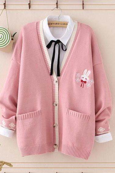 Kawaii Sweet Lolita Cute Bunny Embroidery Knitted Sweater