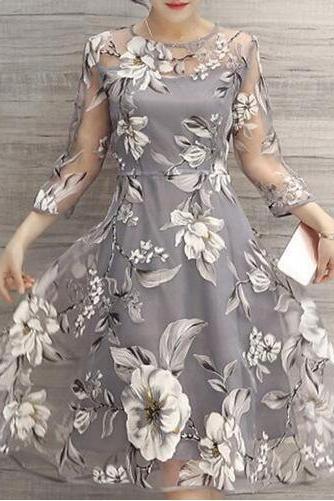 Women's A Line Dress Midi Dress 3/4 Length Sleeve Floral Print Spring Summer Crew Neck Elegant dress