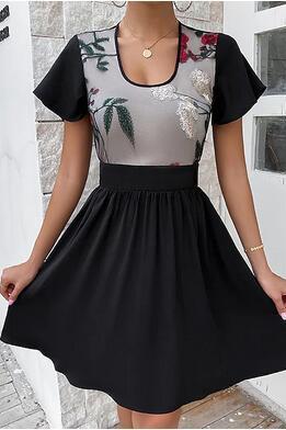 Women's A Line Dress Short Mini Dress Black Short Sleeve Floral Embroidered Smocked Ruched Spring Summer U Neck Stylish Work Elegant dress