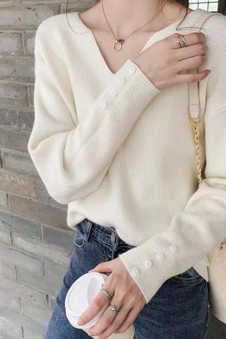 V-neck sweater loose knit sweater