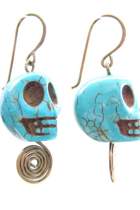 Blue Skull Wire Wrap Dangle Earrings