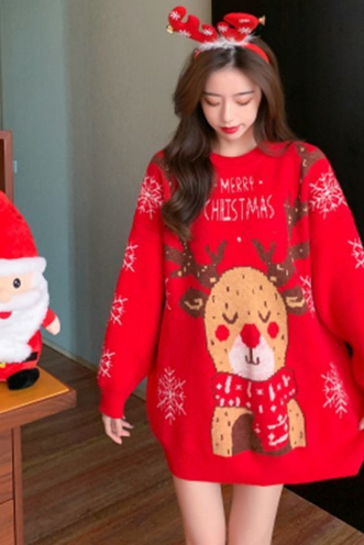 Women's red Christmas and New Year elk sweater, new Korean version for autumn and winter 2022 loose and lazy style thick knitted women's sweater