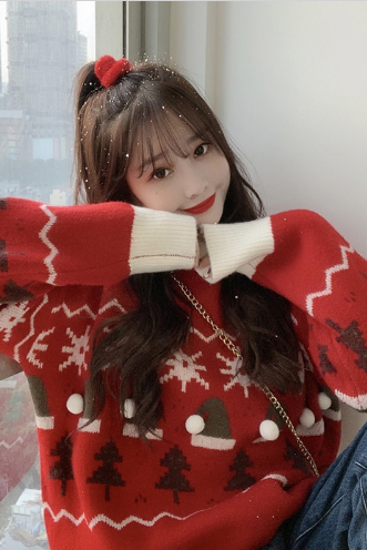 Korean version of loose and lazy Christmas tree sweater / women's round neck thick long-sleeved knit sweater