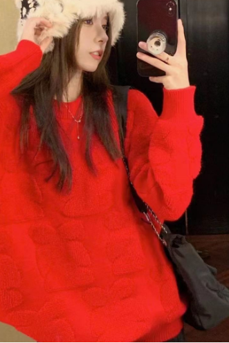 Women's red sweater, pullover bunny embroidered sweater for autumn/winter 2022