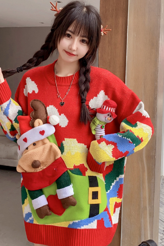Women's ins popular Santa elk snowman sweater, autumn and winter new round neck loose long sleeve knitted sweater