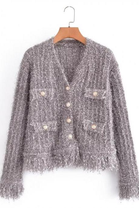 fringed cardigan V-neck knitted sweater
