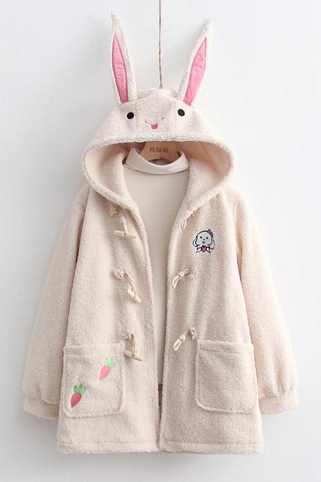 Free shipping Sweet and cute rabbit embroidered horn button hooded lambswool coat