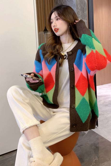Fashion Rainbow Knit Cardigan Women Rhombus Logo Sweater Cardigan