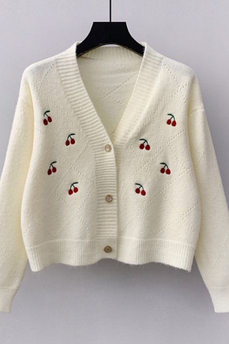 Free shipping Loose Embroidered Cardigan Knitted Sweater cardigan