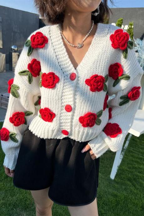 Roses Red & Pink Knitted Embroidery Cardigan Sweaters