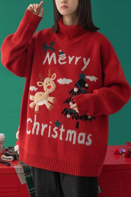 Turtleneck Christmas Sweater Women Loose Casual Loose Sweater