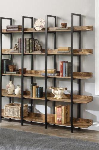 Brown color MDF Board 5 Tier Bookcase Home Office Open Bookshelf, Vintage Industrial Style Shelf with Metal Frame