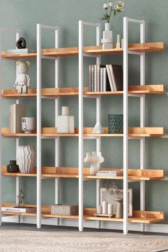 Brown MDF Board and white color Metal Frame 5 Tier Bookcase Home Office Open Bookshelf, Vintage Industrial Style Shelf