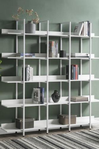 White color MDF Board 5 Tier Bookcase Home Office Open Bookshelf, Vintage Industrial Style Shelf with Metal Frame