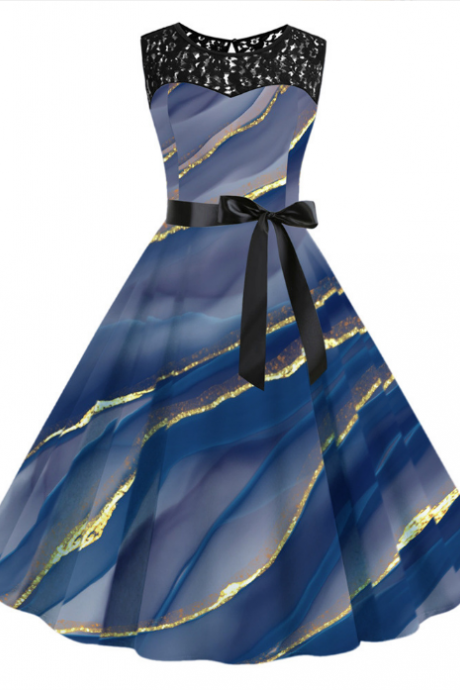 2023 fashion new lace panels, crewneck, sleeveless print nipped-in waist swing dress