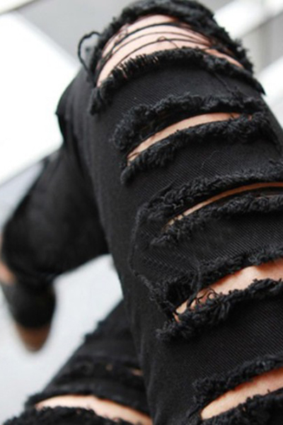 2015 Winter Casual Mid Waist Broken Holes Zipper Fly Designed Solid Black Cotton Blends Pants