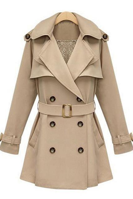 Spring Autumn Long Sleeve Trench Coat For Ol - Apricot