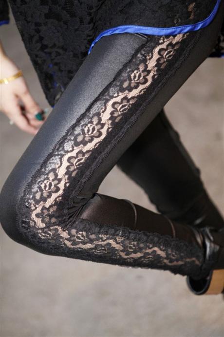 Fashion Lace Stitching Leather Pants& Leggings