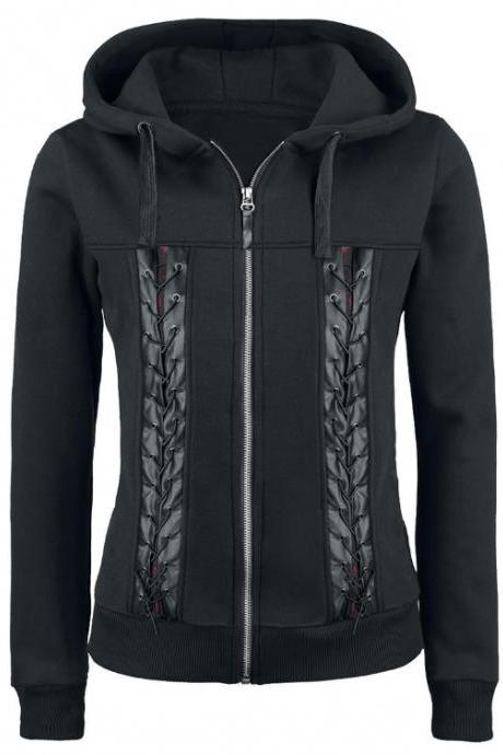 Black Punk Style Rope Stitching Hoodies Jacket