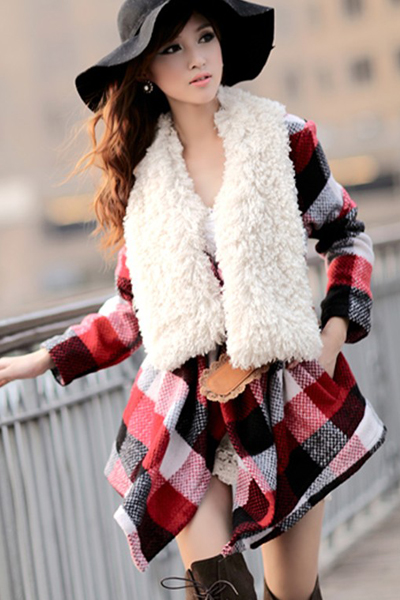 Cheap New Style Turndown Collar Long Sleeves Single-Breasted Fur Patchwork Plaids Print Long Wool Coat