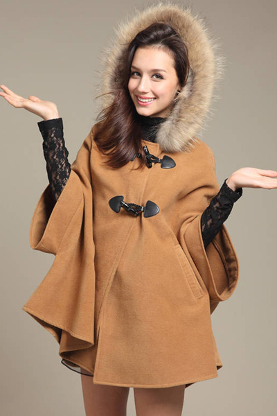Cheap Korean Style Half Sleeves Single-Breasted Light Tan Regular Hooded Wool Coat