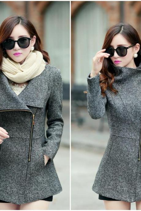 Dark Grey Side Zipper Design Winter Coat