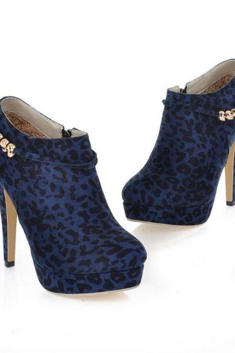 Deep Blue Leopard Print Skull Studded Fashion Boots, Ankle Boots