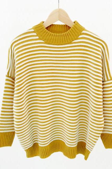 Striped Mock Neck Long Cuffed Sleeves Sweater 