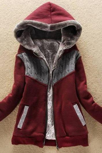Fashion New Arrival Hooded Collar Woman Coat With Zip - Wine Red