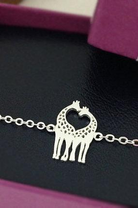 small Two Giraffes In Love Bracelet Giraffe Couple Bracelet In Silver Loving Giraffes Animal Jewelry