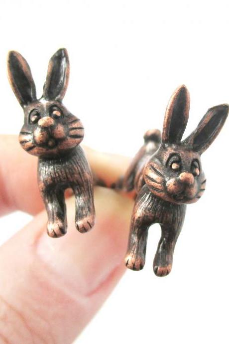 Unique Fake Gauge Cartoon 3D Bunny Rabbit Animal Stud Earrings In Copper