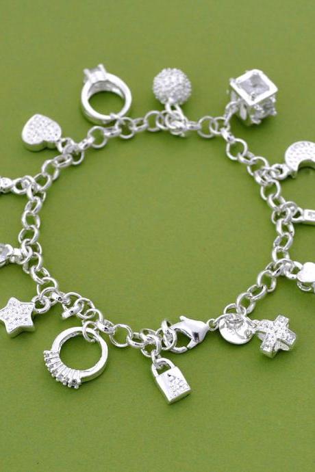 2015 christmas Silver Charm Bracelet, Cross, Ring, Star, Key, Moon, Lock, Ball, Silver Charm Jewelry