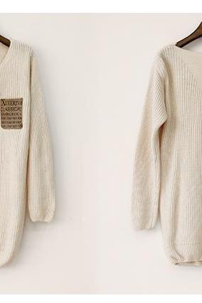 Beige Patchwork Leather Alphabet Pocket Loose Sweater