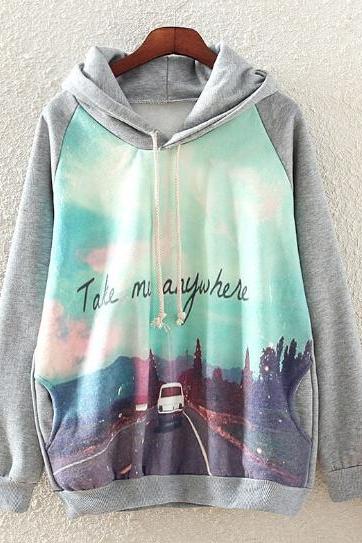 Grey Hooded Long Sleeve Car Print Sweatshirt Hoodie