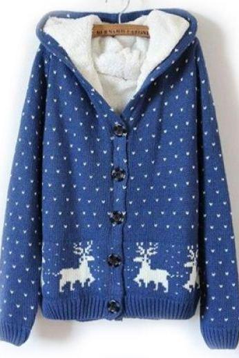 Blue Hooded Long Sleeve Deer Pattern Sweater
