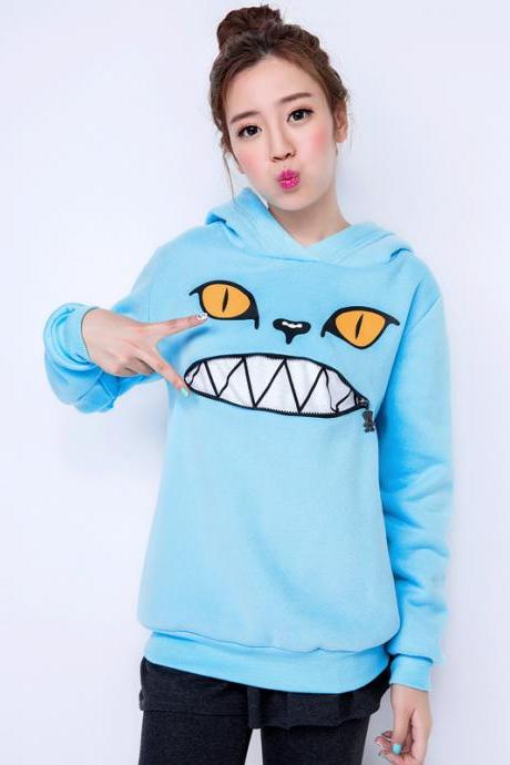 2015 new Free shipping Hooded Zippered Cat Fleece Sweatshirt Sweater for women