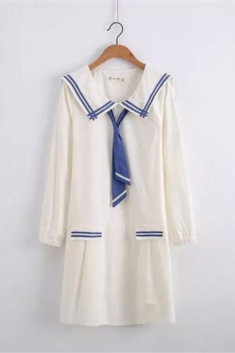 Free shipping Japanese girl school of fresh Navy tie loose long sleeve embroidery dress