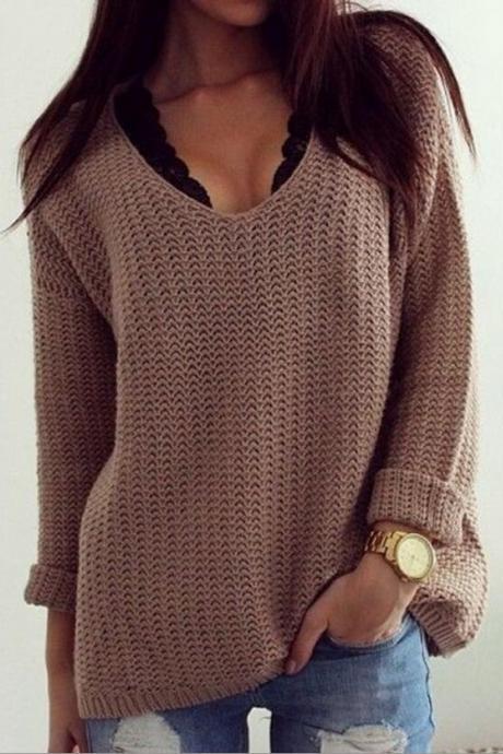 Hot sale women winter Coffee Plain Hollow-out V-neck Long Sleeve Loose Vintage Casual Pullover Sweater