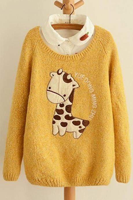chrismas Cute Giraffe Embroidery Applique Sweater