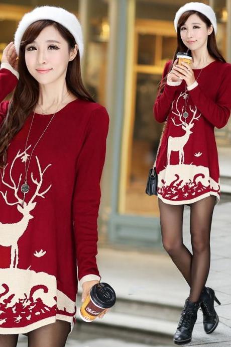 2015 winter chrismas Deer Print Curved Hem Long Sweater