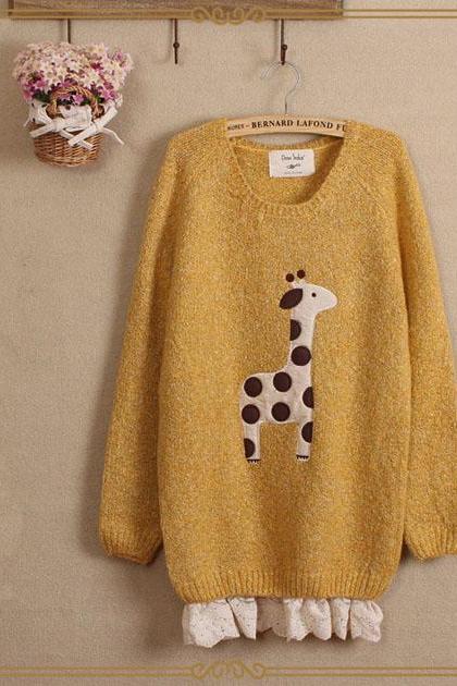 Cute giraffe stickers Brulee silk loose long sleeve sweater
