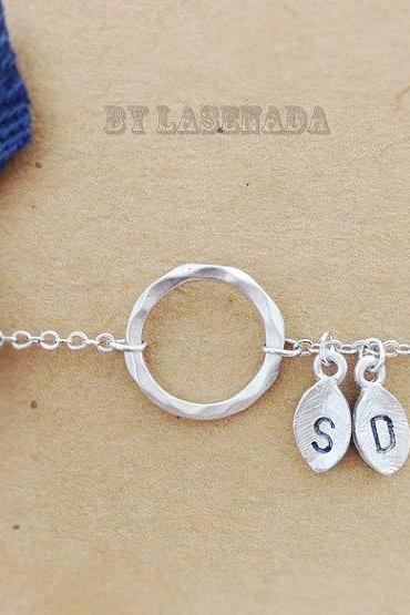 Karma Circle Bracelet With Double Leaf Initial Charms Eternity Wedding Jewelry Bridal Bridesmaid Gifts