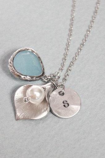 Lily Necklace Initial Necklace Initial Coin Personalized Necklace Light Blue Pendant