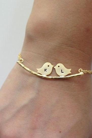 Two Birds On The Branch Bracelet,Two Love Birds Initial Bracelet Branch Bracelet,Couple Kissing Love Birds Personalized Bracelet