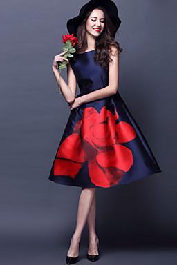 2016 new fashion Women's Red Flower Vintage Swing Midi Dress
