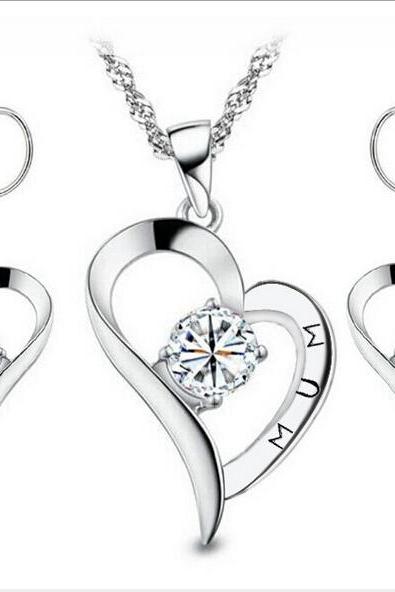 2016 Fashion Mother's Day gift European and American jewelry full of diamond heart pendant necklace earring sets MUM