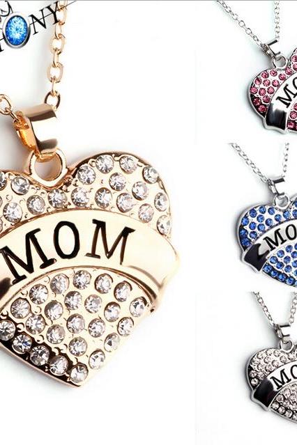 New fashion Alloy Full Diamond Peach Heart Pendant Necklace with words MOM